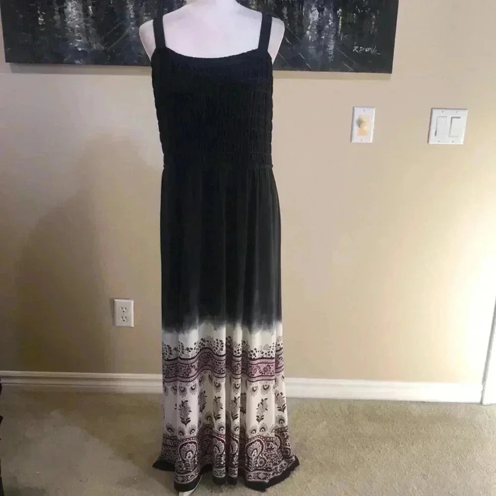 Lane Bryant Adjustable Top Maxi Dress Navy Cream Paisley Design Hem w/Pockets